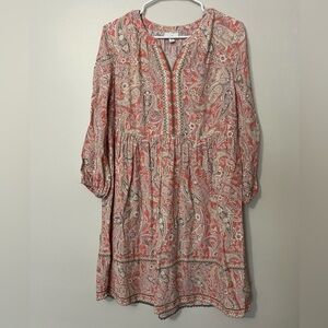 J. Jill Red and Cream Paisley Long Sleeve Dress with Pockets